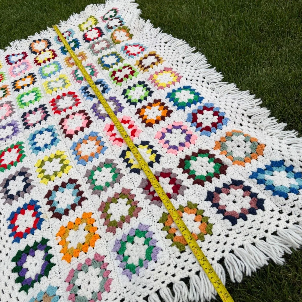 A+ Vintage Handmade Crochet Granny Square Throw Blanket Multi-Color Fringe Boho